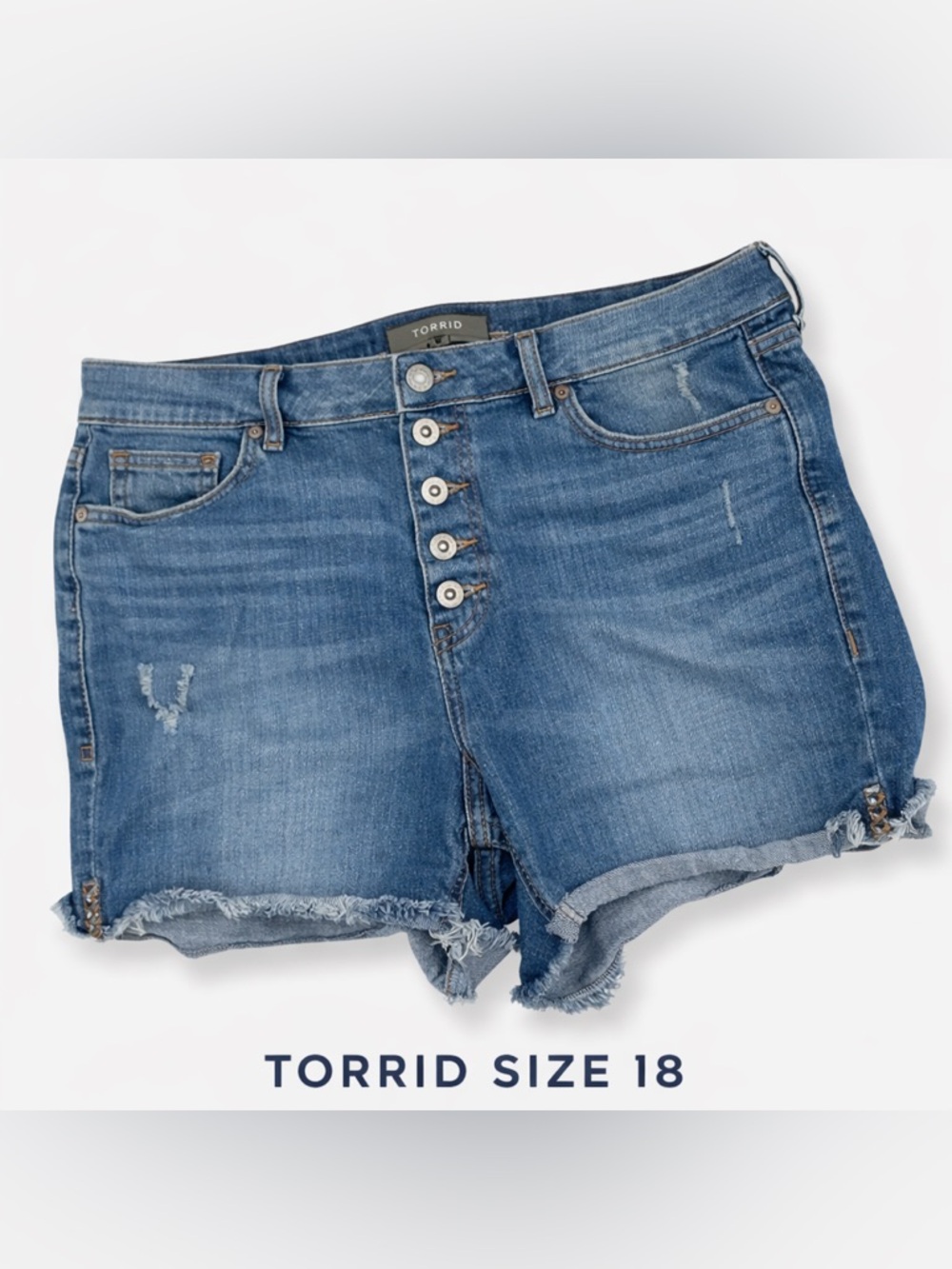 Torrid Size 18 Button Fly Denim Shorts Distressed Raw Hem Stretch High Rise